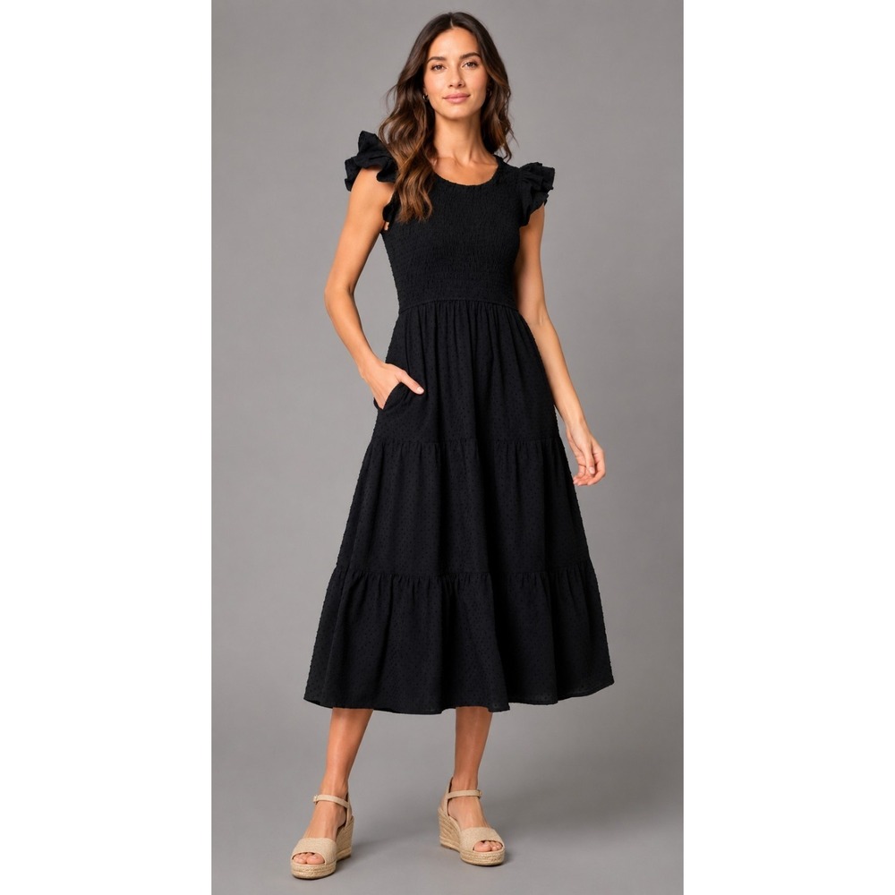 J.Crew Dress Size Small Petite Black Pockets Smocked Flutter Sleeve Clip Dot NWT